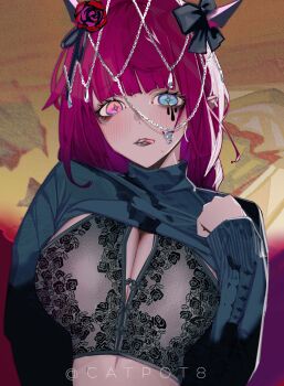 1girl absurdres artist_name black_bow black_bra black_horns black_sweater blue_eyes bow bra breasts catpot8 clothes_lift heterochromia highres hololive hololive_english horn_bow horn_ornament horns irys_(hololive) large_breasts lifting_own_clothes long_hair makeup pink_eyes purple_hair runny_makeup solo sweater sweater_lift turtleneck turtleneck_sweater underwear virtual_youtuber