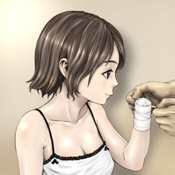 Rule 34 | amputee, bandages, breasts, brown eyes, brown hair, cleavage, karakure