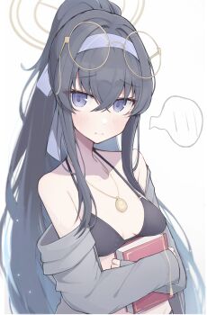 1girl bikini black_bikini black_hair blue_archive book breasts commentary_request glasses grey_jacket hair_between_eyes hairband halo highres holding holding_book jacket jewelry long_sleeves looking_at_viewer matchadzuke necklace partial_commentary ponytail purple_eyes purple_hairband round_eyewear sleeves_past_wrists small_breasts solo swimsuit ui_(blue_archive) ui_(swimsuit)_(blue_archive) white_background yellow-framed_eyewear yellow_halo