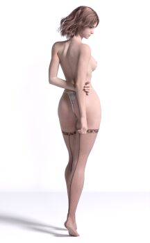 1girl 3d ass breasts brown_hair contemporary elden_ring highres lingerie looking_back medium_hair melina_(elden_ring) melissokomos nipples panties sideboob solo_focus thighhighs topless_female underwear white_background yellow_eyes