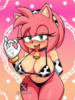 1girl amy_rose animal_print areola_slip bikini breasts cleavage cow_print female_focus genyacero hedgehog hedgehog_girl large_breasts looking_at_viewer sonic_(series) swimsuit