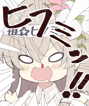 1girl :d aroused_nosebleed blood blue_archive blush_stickers brown_hair commentary_request deformed emphasis_lines flower hair_between_eyes hair_flower hair_ornament hands_up headband highres holy-san_(makuu) long_hair looking_at_viewer nagisa_(blue_archive) nosebleed o_o open_mouth pink_flower portrait sidelocks simple_background sketch smile solo translated v-shaped_eyebrows white_background white_flower white_headband