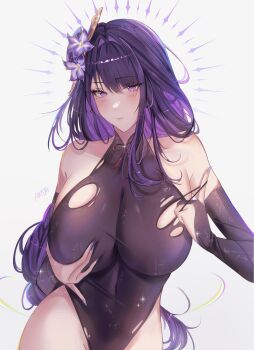 1girl a_r_i_a black_leotard breasts commentary_request covered_navel cowboy_shot detached_sleeves flower genshin_impact grabbing_own_breast hair_flower hair_ornament highres large_breasts leotard long_hair purple_eyes purple_hair raiden_shogun simple_background solo torn_clothes torn_leotard white_background