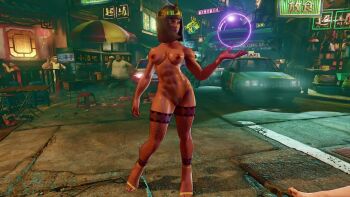 2girls 3d animated breasts capcom dark-skinned_female dark_skin female_focus fishnets game_screenshot highres medium_breasts medium_hair menat mod multiple_girls nipples nude purple_hair street_fighter street_fighter_v video video_game_screencap wide_hips