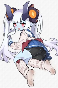 Rule 34 | 1girl, arum (world flipper), ass, blue skin, blue skirt, colored skin, commentary request, fang, full body, highres, horns, long hair, looking at viewer, looking back, low wings, mwm5, open mouth, pleated skirt, pointy ears, red eyes, red wings, skirt, solo, twintails, wings, world flipper