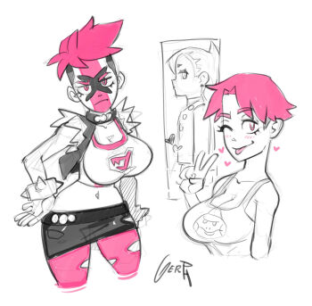 1girl ;p alternate_costume alternate_hairstyle artist_name blush breasts casual chewtle cleavage closed_mouth crop_top cropped_legs eyelashes facepaint gen_8_pokemon gerph grey_hair heart highres jacket large_breasts looking_at_viewer marnie_(pokemon) midriff multicolored_hair multiple_views navel nintendo one_eye_closed open_clothes open_jacket pantyhose partially_colored pink_eyes pink_hair pink_pantyhose pokemon pokemon_swsh short_hair skirt smile tank_top team_yell team_yell_grunt team_yell_grunt_(female) tongue tongue_out torn_clothes torn_jacket torn_pantyhose two-tone_hair undercut v very_short_hair