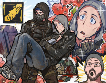 Rule 34 | 4boys, ?, beard, black-framed eyewear, blood, blood splatter, blue eyes, blue pants, blue shoes, brown jacket, brown pants, carrying, chinese commentary, commentary request, cowboy shot, facial hair, flower, fukurau, glasses, grey jacket, hood, hood up, hooded jacket, jacket, leather, leather jacket, male focus, mask, multiple boys, open mouth, pants, patch, poppy (flower), princess carry, red flower, respirator, shoes, shoulder patch, skif (stalker 2), skull print, sneakers, soyjak, stalker (game), stalker 2: heart of chornobyl