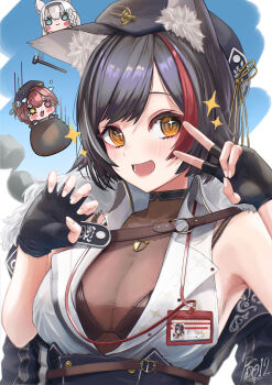 1girl 3girls animal_ears black_hair blush bodystocking bra bra_peek breasts chibi cleavage coat collared_shirt cosplay fingerless_gloves fox_girl fur-trimmed_coat fur_trim getting_over_it gloves green_eyes heart heart_necklace heterochromia highres holding holding_sword holding_weapon hololive houshou_marine houshou_marine_(businesswoman) houshou_marine_(cosplay) jewelry large_breasts looking_at_viewer multiple_girls nattoushouyu3 necklace official_alternate_costume ookami_mio open_mouth orange_eyes red_eyes red_hair see-through_clothes see-through_cleavage shirakami_fubuki shirt short_hair sleeveless sleeveless_shirt solo sword underwear virtual_youtuber weapon white_hair white_shirt wolf_ears wolf_girl yellow_eyes