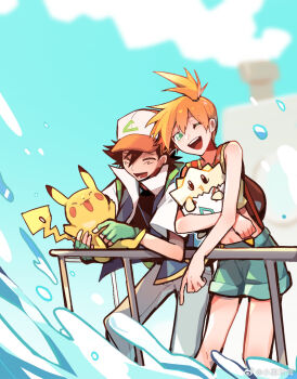 1boy 1girl :d ;d artist_request ash_ketchum backpack bag baseball_cap black_hair brown_bag closed_eyes cloud crop_top day eyelashes fence fingerless_gloves gen_1_pokemon gen_2_pokemon gloves green_eyes green_gloves green_shorts happy hat highres holding holding_pokemon jacket midriff misty_(pokemon) navel nintendo one_eye_closed open_mouth orange_hair outdoors pants pikachu pointing pokemon pokemon_(anime) pokemon_(classic_anime) pokemon_(creature) ponytail shirt short_hair short_sleeves shorts side_ponytail sky sleeveless sleeveless_jacket smile source_request standing suspenders teeth togepi tongue upper_teeth_only water yellow_shirt
