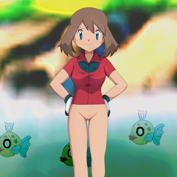 1girl blue_eyes bottomless brown_hair cleft_of_venus feebas gen_3_pokemon highres may_(pokemon) nintendo pokemon pokemon_(anime) pokemon_(creature) pokemon_rse_(anime) pussy