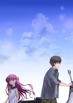 1boy 1girl absurdres blue_sailor_collar blue_sky brown_eyes brown_hair child closed_mouth cloud commentary_request cowboy_shot day dress expressionless floating_hair frown grey_eyes hair_between_eyes height_difference highres katou_umi kurage_(kurage19) long_hair looking_ahead looking_back open_mouth outdoors pink_hair profile ribbon sailor_collar sailor_dress short_hair sky sleeveless sleeveless_dress summer_pockets takahara_hairi two_side_up upper_body very_long_hair white_dress wide_shot yellow_ribbon