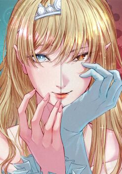 Rule 34 | 2girls, bakemonogatari, blonde hair, blue background, blue eyes, blurry, bokeh, bright pupils, brown eyes, collarbone, depth of field, dress, dual persona, fingernails, gloves, hair over shoulder, hands on own face, hands up, highres, kiss-shot acerola-orion heart-under-blade, lips, long hair, long sleeves, makadamin32, monogatari (series), multiple girls, nose, oshino shinobu, parted lips, pink nails, pointy ears, portrait, princess, princess acerola, red background, single glove, solo, sparkle, splatter background, split theme, straight-on, strapless, strapless dress, tiara, vampire, white gloves, white pupils