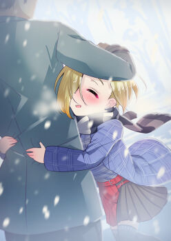 1boy 1girl blonde_hair blush breath closed_eyes commentary_request formal_clothes hair_over_one_eye higurashi_aki hug idolmaster idolmaster_cinderella_girls producer_(idolmaster) scarf shirasaka_koume short_hair skirt smile snowing suit thighhighs winter winter_clothes zettai_ryouiki