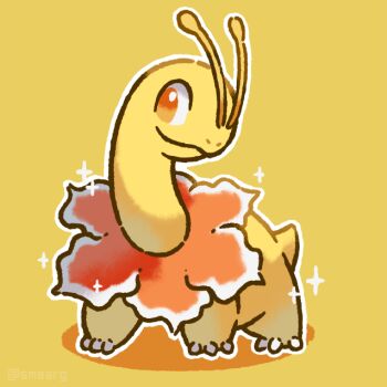 alternate_color antennae claws closed_mouth flower full_body gen_2_pokemon long_neck looking_at_viewer meganium nintendo no_humans pokemon pokemon_(creature) pokemon_focus sauropod shiny_pokemon simple_background smile smore_(smearg) solo star_(symbol) tail yellow_background yellow_eyes