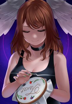 1girl black_choker black_tank_top breasts brown_hair choker cleavage closed_eyes cross_stitch embroidery embroidery_hoop eunie_(xenoblade) eyelashes green_nails head_wings highres holding holding_needle long_hair medium_breasts nail_polish needle profanity purple_background sewing sewing_needle smile solo tank_top voodoothur when_you_see_it wings xenoblade_chronicles_(series) xenoblade_chronicles_3