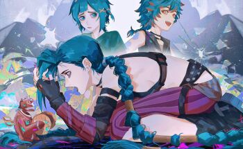 Rule 34 | 2girls, :d, :o, arcane: league of legends, arcane jinx, arm tattoo, belt, black belt, black gloves, braid, breasts, broken glass, commentary, crop top, fingerless gloves, from side, glass, gloves, green eyes, green hair, isha (arcane), jinx (league of legends), league of legends, long hair, multicolored background, multiple girls, multiple views, open mouth, orange eyes, pants, pink pants, powder (arcane), purple pants, small breasts, smile, striped clothes, striped pants, striped sleeves, symbol-only commentary, tattoo, teeth, upper teeth only, yumu (8181018)