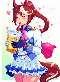 animal_ears artbenbeau ascot asymmetrical_gloves bee bow bug cape cup drink ear_ribbon epaulettes gloves highres holding holding_cup honey horse_ears horse_girl horse_tail insect jacket mismatched_gloves multicolored_hair multicolored_jacket pink_ascot red_cape single_epaulette skirt streaked_hair tail tokai_teio_(peak_joy)_(umamusume) tokai_teio_(umamusume) two-tone_jacket two-tone_skirt umamusume white_jacket white_skirt