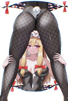 1girl absurdres ass black_leotard blonde_hair blush bow breasts commentary_request covered_navel fishnet_pantyhose fishnets from_behind from_below gap_(touhou) hair_between_eyes hair_bow hat hat_ribbon highres holding_own_leg kiui_(dagk8254) legs leotard long_hair looking_at_viewer looking_through_own_legs lower_body medium_breasts pantyhose playboy_bunny presenting purple_eyes rabbit_tail red_bow red_ribbon ribbon smile solo spread_legs standing strapless strapless_leotard tail thighs touhou upper_body very_long_hair yakumo_yukari