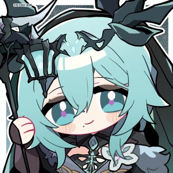 Rule 34 | 1girl, aqua eyes, aqua hair, black veil, chibi, chibi only, chinese commentary, closed mouth, commentary request, duet night abyss, hair between eyes, headgear, highres, holding, holding staff, kyou 039, lady nifle (duet night abyss), lantern, long hair, looking at viewer, mole, mole under mouth, purple pupils, smile, solo, staff, twitter username, upper body, veil