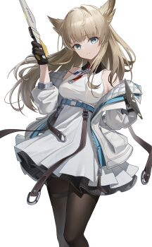 Rule 34 | 1girl, absurdres, arknights, arknights: endfield, arm behind back, bare shoulders, black gloves, black pantyhose, blonde hair, blue eyes, bright pupils, chinese commentary, collared dress, commentary, contrast collar, cowboy shot, dowal, dress, gloves, hand up, highres, holding, jacket, long hair, looking at viewer, off shoulder, pantyhose, parted lips, perlica (arknights), simple background, sleeveless, sleeveless dress, solo, standing, thigh strap, white background, white dress, white jacket, white pupils, yellow gloves, zipper, zipper pull tab