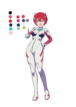 1girl amate_yuzuriha bodysuit breasts commentary_request cosplay full_body green_eyes gundam gundam_gquuuuuux hand_on_own_hip large_breasts looking_at_viewer mecha_pilot_suit moke_ro neon_genesis_evangelion plugsuit_(evangelion) red_hair short_hair smile solo standing white_bodysuit