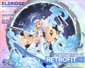 1girl ahoge armpits arms_up ass azur_lane belt blonde_hair blush boots breasts cable cannon character_name closed_mouth commentary copyright_name covered_navel detached_sleeves dowsing_rod dress dual_wielding eldridge_(azur_lane) eldridge_(retrofit)_(azur_lane) electricity english_commentary english_text full_body fur_trim hair_ornament halo hat head-mounted_display highres holding hologram huge_ahoge jacket kinjo_kuromomo logo long_hair long_sleeves looking_at_viewer low_twintails machinery multiple_expressions official_art one-piece_swimsuit open_clothes portal_(object) promotional_art puffy_long_sleeves puffy_sleeves red_eyes rigging second-party_source ship_turret sleeveless small_breasts smile solo surfboard surfing swimsuit thigh_boots thighhighs thighs twintails very_long_hair water white_boots white_jacket white_one-piece_swimsuit white_thighhighs