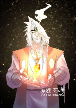 1boy artist_name closed_eyes closed_mouth coat cokiebeard facial_mark facing_viewer fire japanese_clothes jiraiya_(naruto) long_sleeves male_focus melting naruto_(series) open_clothes open_coat red_coat smile solo upper_body white_hair