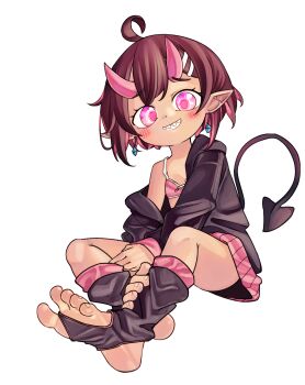 1girl ahoge bra chaosexceed commentary demon_girl demon_tail earrings english_commentary feet highres horns jewelry looking_at_viewer original paid_reward_available pink_eyes pointy_ears sharp_teeth simple_background smile soles solo stirrup_legwear tail teeth toeless_legwear toes underwear white_background