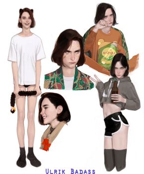 1boy animal_ears artist_name bag_of_chips bottle brown_hair closed_mouth commentary_request crop_top cropped_hoodie cropped_legs crying dolphin_shorts drinking_straw highres holding holding_bottle hood hoodie looking_at_viewer midriff multiple_views navel parted_lips rustfiends shirt short_hair shorts simple_background sitting smile standing tail teeth thighhighs ulrikbadass upper_teeth_only v valentine_(rustfiends) white_background white_shirt