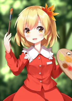 Rule 34 | 1girl, :d, aki shizuha, blonde hair, blurry, blurry background, blush, buttons, collared shirt, commentary request, contrast collar, cowboy shot, green background, hair ornament, hands up, highres, holding, holding paint palette, holding paintbrush, leaf hair ornament, long sleeves, looking at viewer, nervous smile, open mouth, outdoors, paint palette, paintbrush, red shirt, red skirt, ruu (tksymkw), shirt, short hair, skirt, skirt set, smile, solo, sweat, touhou