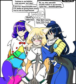 3girls animal_ears black_hair blonde_hair blue_dress blue_eyes blue_hair blush breasts cape cloak commentary dialogue_box dress english_commentary english_text fox_ears fox_girl fox_tail green_ribbon hair_between_eyes hairband hat highres iizunamaru_megumu kudamaki_tsukasa long_hair long_sleeves luke5353 multicolored_dress multicolored_hairband multiple_girls patchwork_clothes pointy_ears pom_pom_(clothes) purple_hair rainbow_gradient red_eyes ribbon romper shirt short_hair short_sleeves shoulder_guard simple_background sky_print smile tail tenkyuu_chimata tokin_hat touhou unconnected_marketeers white_cape white_romper yellow_eyes