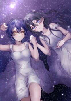 2girls absurdres arm_up bare_arms bare_shoulders blue_background blue_eyes breasts brown-framed_eyewear closed_mouth collarbone commentary_request commission cowboy_shot double-parted_bangs dress glasses hair_between_eyes hand_on_own_stomach hand_up highres holding_hands interlocked_fingers light_particles long_hair looking_at_viewer lying multiple_girls night nuno_kire on_back open_mouth original outdoors partially_submerged pixiv_commission rectangular_eyewear semi-rimless_eyewear short_dress short_hair sidelocks simple_background sleeveless sleeveless_dress small_breasts smile sparkling_eyes strap_slip water wet white_dress yellow_eyes