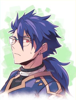 0nodera 1boy bespectacled blue_hair closed_mouth commentary_request cu_chulainn_(fate) cu_chulainn_(fate/prototype) earrings fate/grand_order fate_(series) glasses hair_between_eyes jewelry long_hair male_focus ponytail red_eyes solo sweatdrop twitter_username