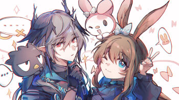 Rule 34 | ..., 1boy, 1girl, ;), amiya (arknights), animal ears, arknights, ascot, black gloves, black jacket, blank speech bubble, blue ascot, blue bow, blue eyes, blush, bow, brown hair, chinese commentary, closed mouth, commentary request, demon boy, demon horns, gloves, grey hair, hair between eyes, hair bow, hand up, highres, horns, infection monitor (arknights), jacket, jewelry, logos (arknights), long hair, long sleeves, looking at viewer, multiple rings, one eye closed, parted lips, pointy ears, puffy long sleeves, puffy sleeves, rabbit ears, rabbit girl, red eyes, ring, shirt, simple background, smile, sparkle, speech bubble, spoken ellipsis, upper body, v, viinca (perivinca), white background