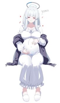 1girl absurdres black_jacket blue_archive blush breasts closed_eyes collarbone commentary frilled_nightgown full_body halo hands_on_own_stomach heart highres holding_belly jacket jacket_partially_removed jewelry large_breasts long_hair long_sidelocks mechanical_halo multiple_views musical_note nightgown noa_(blue_archive) noa_(pajamas)_(blue_archive) ponytail pregnancy_halo pregnant purple_eyes reia_76 ring sidelocks simple_background sitting slippers smile solo spoken_heart spoken_musical_note standing teeth very_long_hair very_long_sidelocks wedding_ring white_background white_hair white_nightgown white_slippers