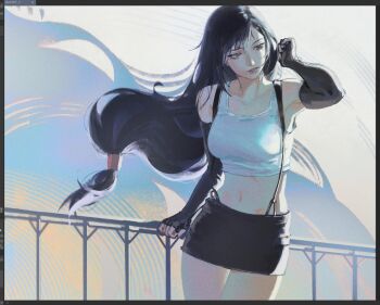 1girl against_railing art_program_in_frame bare_shoulders black_hair black_skirt breasts brown_eyes collarbone cowboy_shot crop_top elbow_gloves final_fantasy final_fantasy_vii fingerless_gloves gloves hair_tie hand_in_own_hair long_hair low-tied_long_hair lyrah medium_breasts midriff miniskirt navel parted_lips railing shirt skirt sleeveless sleeveless_shirt solo suspenders thigh_gap tifa_lockhart white_shirt