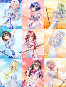 6+girls :d aika_granzchesta aino_ai akira_(tete-akira) akira_ferrari alice_carroll alicia_florence anya_dostoyevskaya aqua_eyes aqua_hair aria_(manga) aria_company_uniform arm_up artist_name athena_glory azusa_mclaren beret blonde_hair blue_background blue_bow blue_bowtie blue_eyes blue_gloves blue_hair blue_ribbon blue_sky blush border bow bowtie bracelet braid braided_ponytail brown_eyes brown_hair closed_eyes closed_mouth cloud cloudy_sky collarbone commentary_request cowboy_shot dark-skinned_female dark_skin day dress dutch_angle earrings eyelashes feet_out_of_frame fingerless_gloves from_side gloves gold_bracelet gold_trim gradient_sky green_eyes green_hair hair_between_eyes hair_bow hair_ornament hair_rings hair_tubes hand_on_own_hip hand_up hat hat_ribbon highres himeya_company_uniform holding holding_oar impossible_clothes impossible_dress jewelry leaning_forward long_hair looking_at_viewer medium_hair mizunashi_akari mole mole_under_eye motion_lines multiple_girls neckerchief necktie oar ocean one_eye_closed open_mouth orange_background orange_planet_uniform outdoors outstretched_arm outstretched_hand parted_bangs parted_lips pink_background pink_eyes pink_hair pink_sky pointing pointing_at_viewer purple_hair red_bow red_bowtie red_gloves ribbon sailor_collar shadow short_hair short_hair_with_long_locks short_sleeves side_slit sidelocks single_glove sitting sky smile sunset swept_bangs teeth twintails twitter_username very_long_hair water white_border white_dress white_gloves white_hair white_hat white_sailor_collar wide-eyed yellow_gloves yellow_neckerchief yellow_necktie