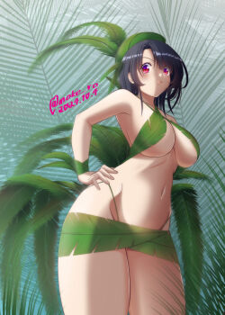 1girl beret bikini black_hair blush breasts closed_mouth dated hat kantai_collection large_breasts leaf_bikini leaf_hat midriff moke_ro navel palm_leaf palm_tree purple_eyes short_hair solo swimsuit takao_(kancolle) tree twitter_username