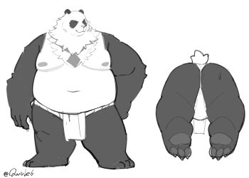 1boy animal_ears artist_name ass bara barefoot belly bent_over black_fur claws closed_mouth commentary covered_anus english_commentary fat fundoshi furry furry_male greyscale hand_on_own_hip japanese_clothes loincloth looking_to_the_side male_focus monochrome multicolored_fur owule6 pan_yinhu panda_boy panda_ears panda_tail pawpads plump smile sweatdrop topless_male twitter_username white_background white_fur zenless_zone_zero