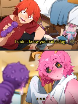 ... 1boy 1girl after_bathing alternate_hairstyle antennae ashido_mina bed bed_sheet bedroom black_sclera blurry blurry_background blush boku_no_hero_academia bottle box censored colored_sclera colored_skin condom_box convenient_censoring cover denim dildo embarrassed english_text jeans khyle. kirishima_eijirou magazine_cover open_mouth pants pink_hair pink_skin pussy_juice red_eyes red_hair scar sex_toy smile spiked_dildo squatting strap towel wet wet_clothes wooden_floor yellow_eyes