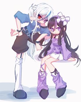 Rule 34 | 2girls, aged down, alternate costume, alternate hairstyle, baggy shorts, belt, black belt, black choker, black hair, black shoes, black shorts, blue hair, blue sweater, breasts, chichi fire, choker, cleavage cutout, clothing cutout, eva (hundred line), facial mark, garter straps, grin, hair ornament, hairband, hashtag-only commentary, heterochromia, highres, invisible chair, leg warmers, long hair, long sidelocks, looking at viewer, medium breasts, multicolored hair, multiple girls, off-shoulder sweater, off shoulder, pleated skirt, ponytail, purple eyes, purple hair, purple leg warmers, purple sweater, red eyes, shoes, shorts, shoulder cutout, siblings, sidelocks, sisters, sitting, skirt, smile, sweater, the hundred line -last defense academy-, two-tone hair, v'ehxness, very long hair, white leg warmers, white skirt, white sweater, wristband