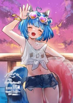 :3 absurdres adjusting_eyewear ahoge alternate_costume animal_ears arm_up blue_hair blue_shorts blush bracelet chromashift closed_eyes cloud collarbone commentary commission commissioner_name cowboy_shot denim denim_shorts english_commentary eyelashes eyewear_on_head fang front-tie_top gold_bracelet hair_ornament hairclip heart heart-shaped_eyewear heart_ahoge highres holding holding_swim_ring innertube jewelry lt26 midriff navel open_mouth poko_rakun raccoon_ears raccoon_girl raccoon_tail shirt short_shorts shorts skin_fang sky sleeveless smile sunglasses swim_ring tail thank_you tinted_eyewear torn_clothes torn_shorts virtual_youtuber white-framed_eyewear white_shirt