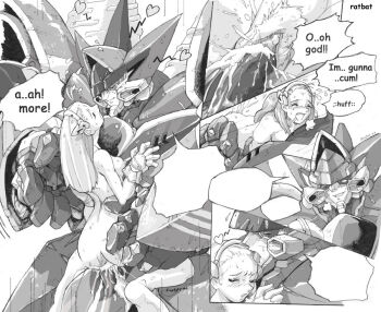 Rule 34 | 1boy, 1girl, bangs pinned back, banpresto, blush, clitoris, closed eyes, cum, cum in pussy, cum overflow, cumdrip, greyscale, grungust sanshiki, hair ornament, happy sex, heart, hetero, licking, long hair, mecha, mecha on girl, mechaphilia, monochrome, nude, object insertion, open mouth, orgasm, penis, pubic hair, ratbat, robot, sex, simple background, size difference, speech bubble, super robot, super robot wars, sweat, text focus, uncensored, vaginal, vaginal object insertion, white background