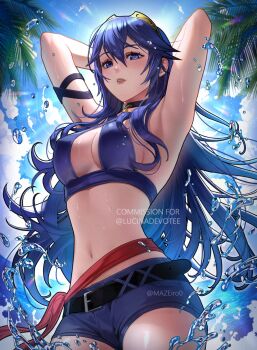 1girl alternate_costume armpits arms_behind_head arms_up artist_name bare_arms belt bikini bikini_top_only black_belt black_choker blue_bikini blue_eyes blue_hair blue_shorts blue_sky brand_of_the_exalt breasts choker cloud commentary commission covered_erect_nipples day english_commentary fire_emblem fire_emblem_awakening from_below hair_between_eyes halterneck highres large_breasts long_hair looking_at_viewer looking_down lucina_(fire_emblem) maze_draws navel nintendo outdoors palm_leaf short_shorts shorts sideboob sky solo standing stomach swimsuit symbol-shaped_pupils symbol_in_eye thighs tiara twitter_username very_long_hair water watermark wet