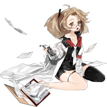 Rule 34 | 1girl, antenna hair, artist request, black collar, black panties, black skirt, black sleeves, black thighhighs, breasts, button gap, character request, checkmark, clipboard, coat, collar, collarbone, collared coat, collared shirt, dress shirt, final gear, floating, floating object, folder, glasses, hair ornament, hairclip, hand on ground, holding, lab coat, lace, lace-trimmed panties, lace trim, leilani (final gear), light brown hair, long sleeves, looking at viewer, medium breasts, nail polish, name tag, necktie, off-shoulder shirt, off shoulder, official art, open clothes, open mouth, panties, paper, petticoat, ponytail, red nails, shirt, side slit, simple background, single bare foot, single bare leg, single bare shoulder, single thighhigh, sitting, sitting on leg, skirt, slip showing, te collar, thighhighs, third-party source, transparent background, undershirt, underwear, whi, white coat, white necktie, white sleeves, yellow eyes