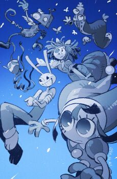 1other 2boys 3girls animal_ears blue_background blue_theme bug butterfly commentary crossed_arms dress falling fur-trimmed_robe fur_trim furry furry_male gangle_(the_amazing_digital_circus) hat highres insect jax_(the_amazing_digital_circus) jester_cap kinger_(the_amazing_digital_circus) mask multiple_boys multiple_girls pomni_(the_amazing_digital_circus) rabbit_boy rabbit_ears ragatha_(the_amazing_digital_circus) robe short_hair signature the_amazing_digital_circus triangle yamainuken zooble_(the_amazing_digital_circus)