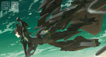 1girl armored_bodysuit black_bodysuit bodysuit brown_eyes brown_hair flying gun headgear highres holding holding_gun holding_weapon mecha_musume open_mouth personification sentou_yousei_yukikaze solo tom-neko_(zamudo_akiyuki) weapon