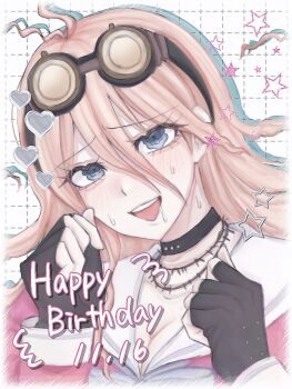 1girl :d antenna_hair barbed_wire black_choker blonde_hair blush breasts choker cleavage commentary danganronpa_(series) danganronpa_v3:_killing_harmony dated fingerless_gloves gloves goggles goggles_on_head hair_between_eyes happy_birthday heart highres iruma_miu large_breasts long_hair naichan777 open_mouth pink_shirt sailor_collar shirt smile solo sweat symbol-only_commentary teeth upper_teeth_only white_background white_sailor_collar