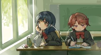 2girls arm_on_table arms_on_table blue_hair blunt_bangs blush book bow bowtie cable chair classroom closed_mouth collared_shirt day desk drinking_straw earbuds earphones elbow_on_table fumi_(fyvr2372) grey_jacket hanayagi_kaoruko hand_on_own_chin head_rest highres holding holding_pen indoors isurugi_futaba jacket juice_box light_smile long_sleeves looking_ahead looking_at_object looking_down looking_to_the_side medium_hair multiple_girls on_chair open_book open_clothes open_jacket parted_bangs pen pink_eyes red_bow red_bowtie red_hair school_chair school_desk school_uniform seishou_music_academy_uniform shared_earphones shirt short_hair shoujo_kageki_revue_starlight upper_body white_shirt window writing yellow_eyes