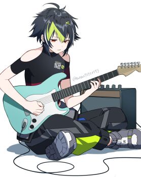 1boy ahoge amplifier black_hair black_jumpsuit black_shirt clothing_cutout commentary_request crossed_legs frown green_hair grey_shoes guitar highres holding holding_guitar holding_instrument inami_rai inami_rai_(1st_costume) instrument jumpsuit jumpsuit_around_waist looking_at_viewer male_focus multicolored_hair music nana72710193 nijisanji playing_guitar playing_instrument red_eyes shirt shoes short_hair short_sleeves shoulder_cutout simple_background sneakers solo streaked_hair twitter_username virtual_youtuber white_background
